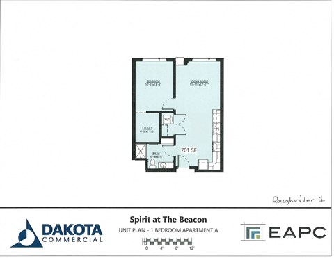 Floor plan for 1 bed, 1 bath, 690 sqft